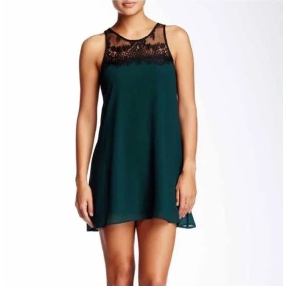Socialite Women's Dress XS Green Mini with Black Lace Fully Lined Button EUC - Picture 1 of 9